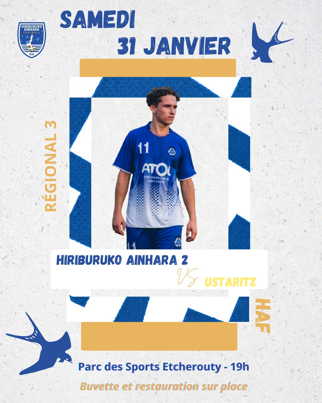 📆 Un choc basque pour le retour à Etxerruti de notre Régionale 3 🔵⚪
⌚ samedi 19h
🆚 @labourdinsfoot 
🌭🍟🥛 sur place
#AupaHiriburu