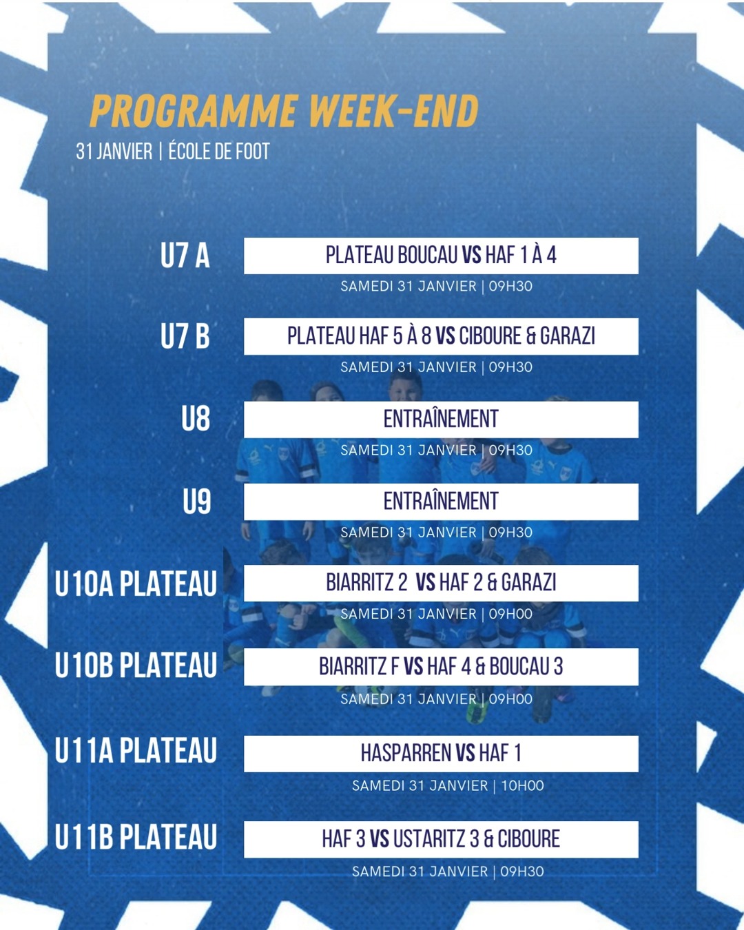 📆 C'est un très joli programme qui s'annonce ce week-end chez les 🔵⚪ à Etxerruti
✅ Samedi (terrain du bas)
⌚ à 9h30 plateaux U7 et U11B
⌚ à 13h les U14R2 🆚 Genets Anglet Football 
⌚ à 15h les U17R1 🆚 Mérignac-Arlac
⌚ à 19h les Séniors R3 🆚 Labourdins Ustaritz Football Officiel 
✅ Dimanche
⌚ à 10h les U15 Excellence 🆚 Genets Anglet (terrain du bas) et les U15 D4 🆚 Entente ESBDG / SPCTS (terrain du haut)
⌚ à 12h30 les Séniors D4 🆚 FC Ciboure
⌚ à 15h les Séniors D2 🆚 As Eglantins Hendaye 

Bons matchs à toutes et tous et bon courage à nos 4 valeureux arbitres qui représenteront nos couleurs ce week-end
#AupaHiriburu