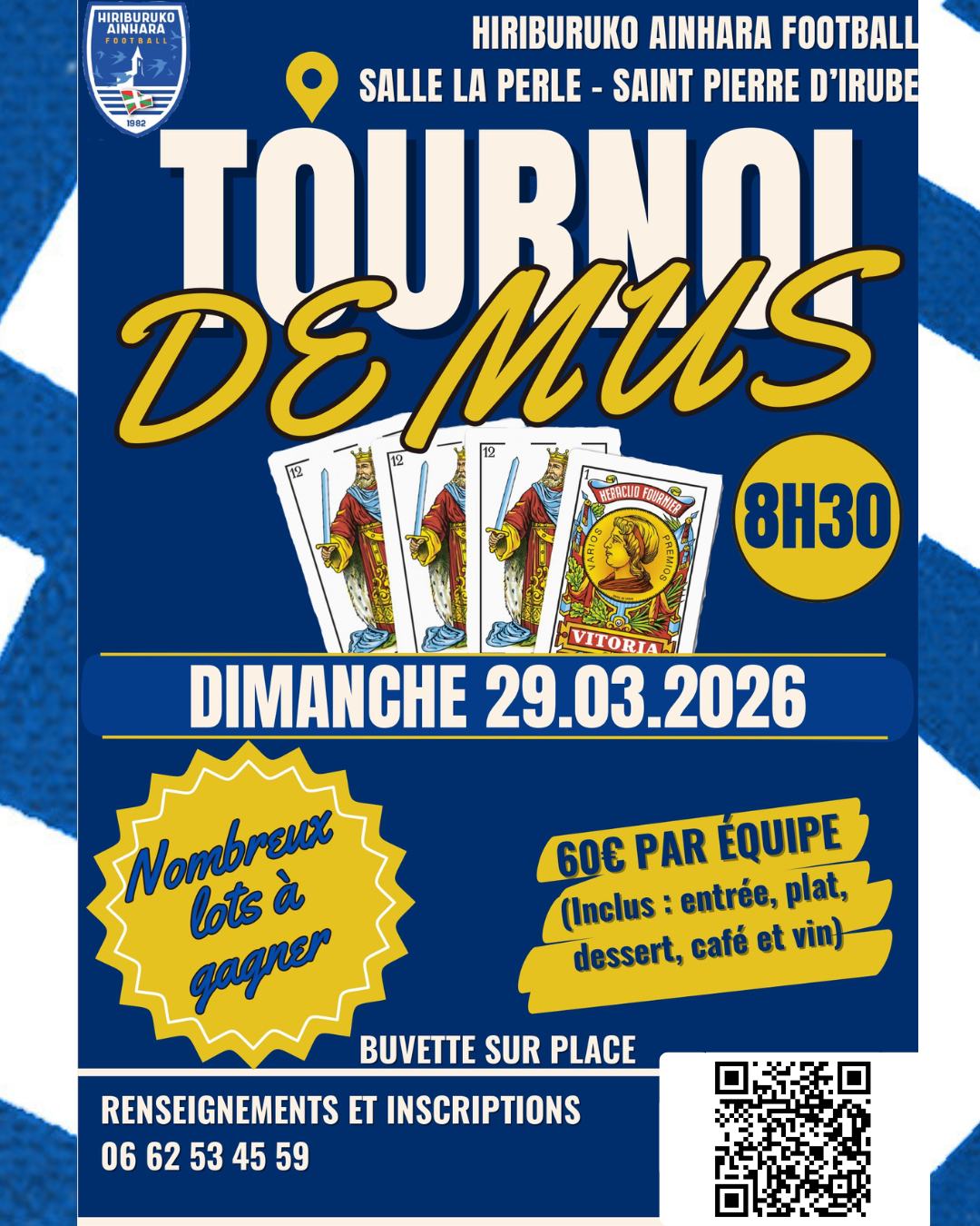 🚨 1er Tournoi de Mus du HAF 🔵⚪
📆 Dimanche 29 mars
🏠 salle La Perle, Saint-Pierre-d'Irube
✍ Inscriptions au 06 62 53 45 59 ou via le QR Code
60€ par équipes repas compris
🏆 Nombreux lots à gagner
On vous attend nombreuses et nombreux
#AupaHiriburu