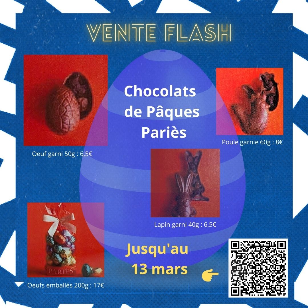 🔔 VENTE FLASH
A l'approche de Pâques, le HAF vous propose une vente expresse de chocolats de notre partenaire @maison_paries  jusqu'à vendredi soir. Livraison la semaine avant Pâques.
Accès aux commandes via le QR Code
#AupaHiriburu #pâques en 🔵⚪