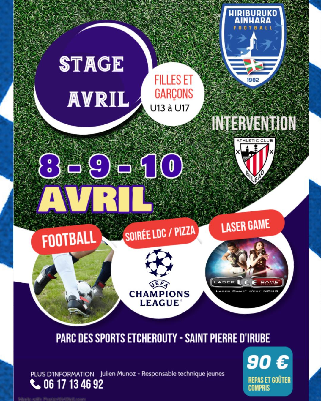 🚨 Les inscriptions pour le stage perfectionnement U13 / U17 de Pâques sont ouvertes
Au menu 
➡ des ateliers spécifiques au poste attaquant/défenseur encadrés par des joueurs séniors du HAF
➡ une demi-journée sous la direction des entraîneurs Iparralde de @athleticclub 
➡ des exercices techniques
➡ Soirée partage Ligue des Champions le 8 avril
➡ Sortie finale au Laser Game

📅 Du 8 au 10 avril 
⏰ 17h-23h30 le mercredi 8 (atelier foot suivi de soirée LDC) / 9h30-17h les 9 & 10 avril
🏟 Parc des Sports Etxerruti Ville de Saint-Pierre d'Irube / Hiriburu 
Tarif : 90€ pour les membres du HAF, 105€ pour les licenciés extérieurs (repas compris) 
📲 Renseignements et inscriptions auprès de notre RTJ : 06 17 13 46 92