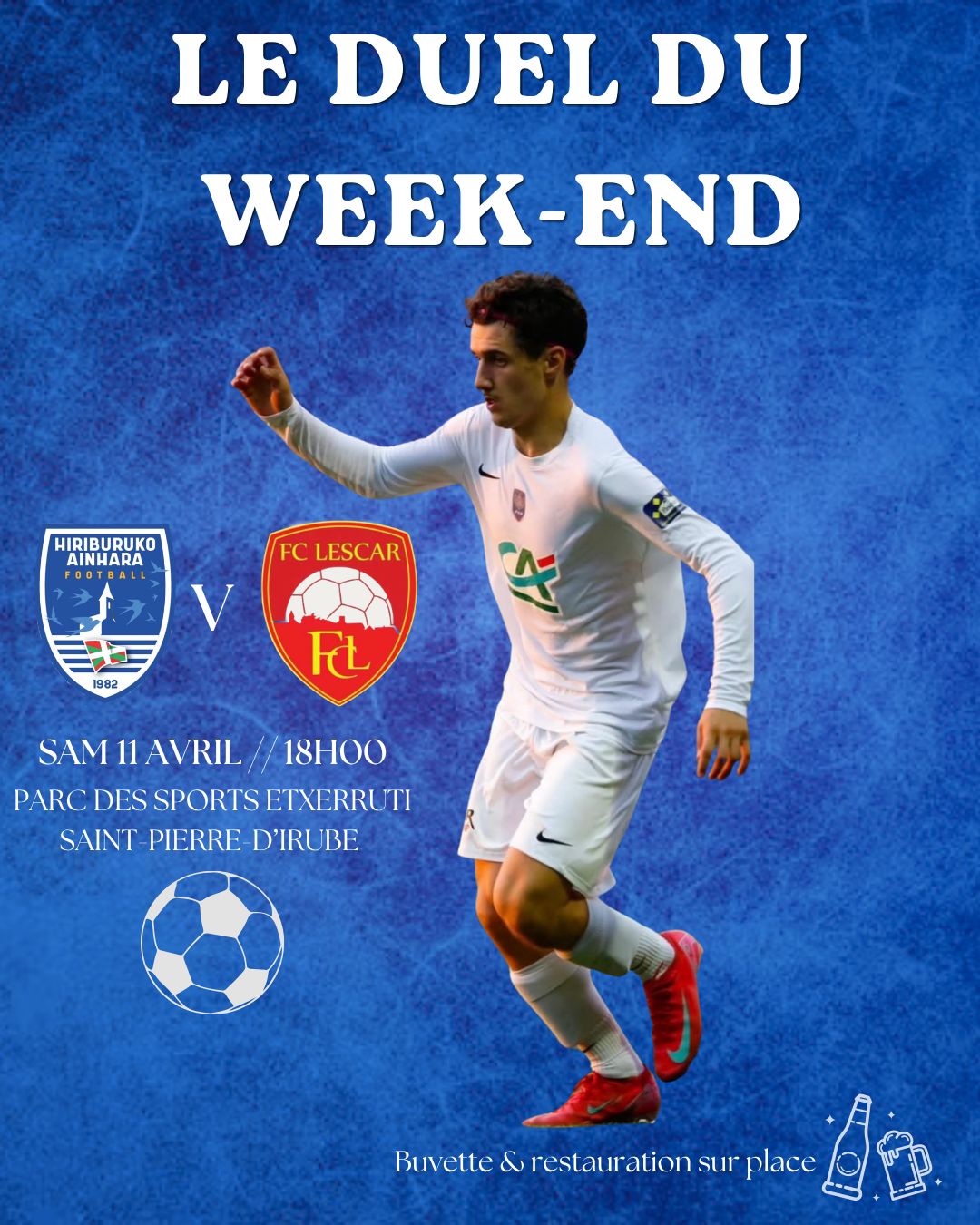 🚨 L'affiche du week-end pour les 🔵⚪ est un choc au sommet de la Régionale 2 @liguefootballna 
Un véritable duel pour la montée à Etxerruti entre les 2 premiers de la poule
🆚 @fclescarien 
📆 samedi 11 avril
⌚ 18h

Venez nombreuses et nombreux soutenir nos joueurs 👏

#AupaHiriburu #grandirensemble