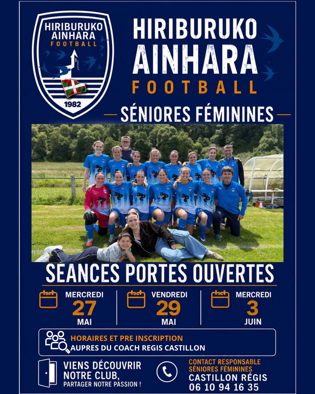 ⚽ Pour compléter et consolider son groupe sénior Féminines 
Le HAF 🔵⚪ recherche des joueuses 
✅ motivées
✅  désireuses de s'inscrire dans un projet sur le moyen et long terme.

Objectif : ancrer notre équipe dans le paysage du foot féminin et permettre à l'équipe à 11 créée en début de saison, et qualifiée pour la D1, de jouer le milieu de tableau  avec une progression sur 2 à 3 saisons.

Nous projetons également d'engager une équipe à 8 pour permettre de donner du temps de jeu à toutes et de faire progresser le niveau.

Pour venir découvrir notre groupe et notre club, nous organisons des Séances Portes Ouvertes

📆 27, mai 29 mai et 3 juin
🕛 Horaire à préciser lors de la préinscription auprès du coach
📲 @regis_castillon 06 10 94 16 35

#AupaHiriburu #grandirensemble
