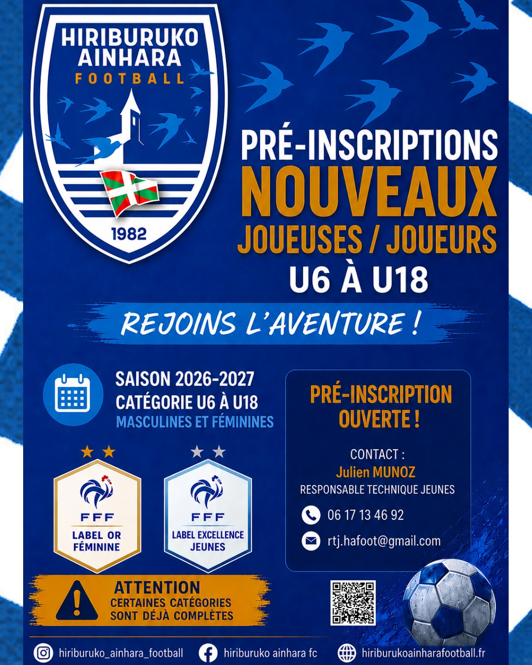 ⚽ PRE-INSCRIPTIONS 2️⃣0️⃣2️⃣6️⃣/2️⃣0️⃣2️⃣7️⃣ U6 à U17

Le HAF ouvre les pré-inscriptions pour les nouvelles joueuses et les nouveaux joueurs qui souhaiteraient rejoindre les 🔵⚪ la saison prochaine.

⚠ Hormis pour les U6/U7, les places sont limitées dans les autres catégories déjà bien remplies, certaines sont même déjà complètes et ne prennent pas de nouveaux inscrits. Nos responsables techniques prendront contact avec vous une fois que vous aurez remplies la fiche d'information en scannant le QR Code sur l'affiche 
ou via ➡️ https://acesse.one/a0vimfx

#football #inscriptions2026 #AupaHiriburu #grandirensemble