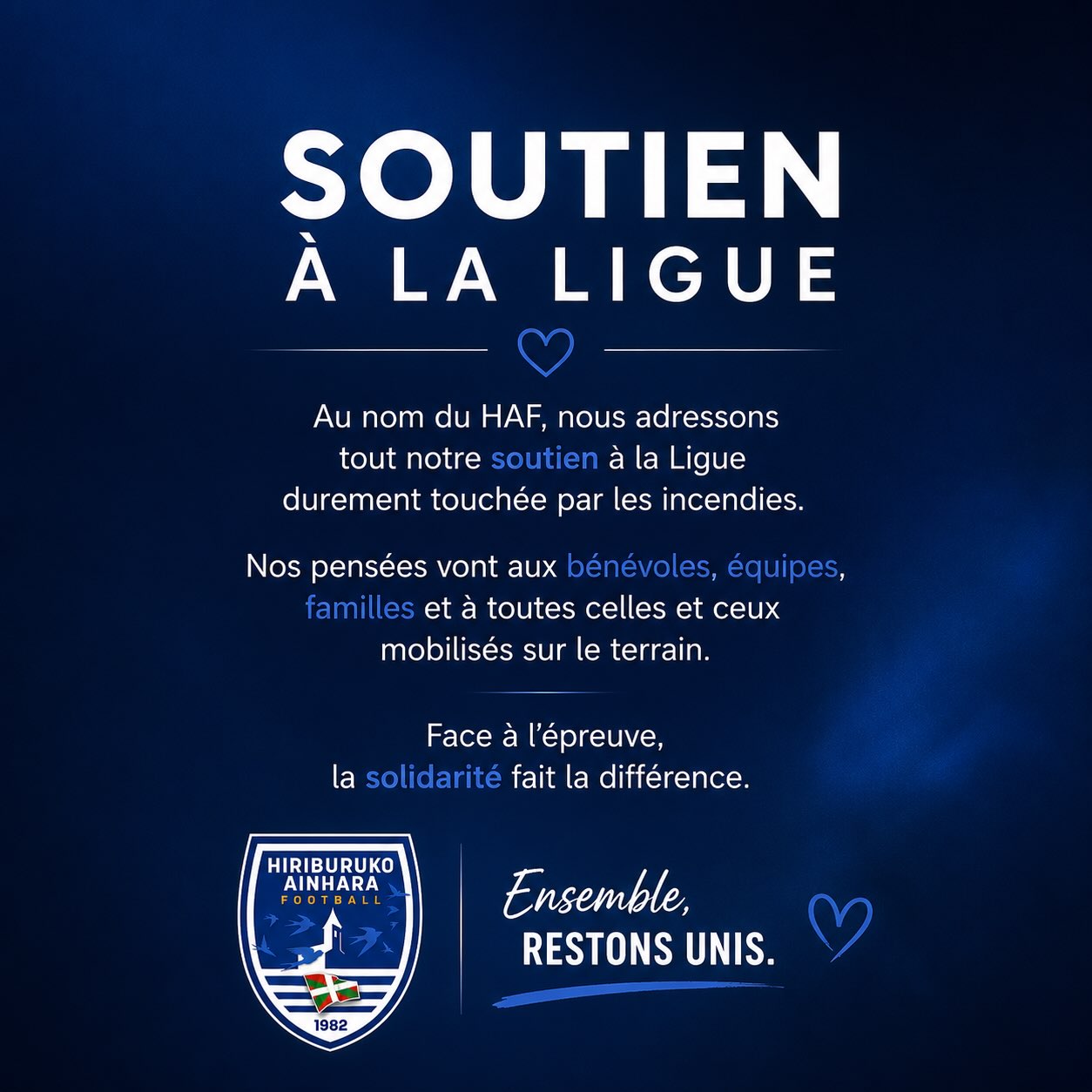 Au nom du HAF, nous adressons tout notre soutien à la Ligue durement touchée par les incendies. 
  Nos pensées vont aux bénévoles, équipes, familles et à toutes celles et ceux mobilisés sur le terrain. 

Face à l’épreuve, la solidarité fait la différence. 🔵⚪️