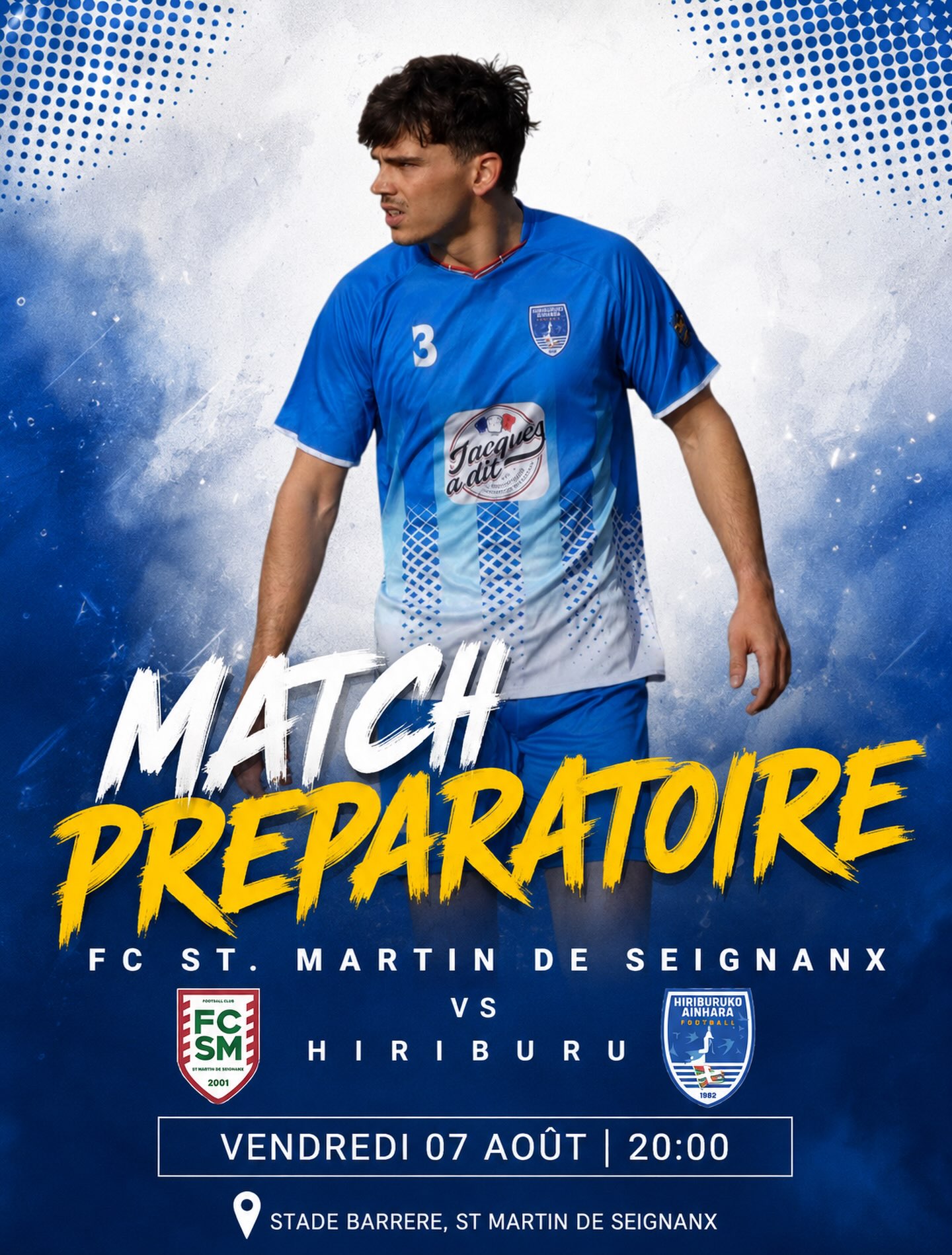 🔵⚪ 𝗟𝗔 𝗣𝗥𝗘́𝗣𝗔𝗥𝗔𝗧𝗜𝗢𝗡 𝗖𝗢𝗡𝗧𝗜𝗡𝗨𝗘 ! ⚪🔵

Nouveau rendez-vous pour notre équipe première qui se déplace à Saint Martin de Seignanx pour son premier match de préparation ! 💪

📅 Vendredi 07 août
🕗 20h00
🏟️ Stade Barrère – Saint-Martin-de-Seignanx

⚔️ FC St. Martin de Seignanx 🆚 Hiriburuko Ainhara Football 1

Une nouvelle occasion de continuer à monter en puissance avant le début du championnat. Venez nombreux encourager nos joueurs ! 🔥💙

💙🤍 Aupa HAF !

#HAF #hiriburukoainharafootball