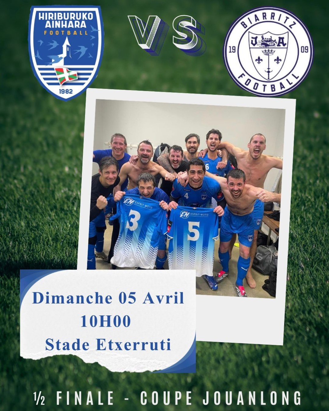 🚨 L'Affiche du week-end !
Demi-finale de 🏆 Jouanlong pour nos Vétérans à une marche de la finale le 14 mai à Etxerruti 🤞
📆 dimanche 5 avril
⌚ 10h
🆚 @jabiarritzfootball 
🏟 Etxerruti Saint-Pierre-d'Irube

#AupaHiriburu #RoadToEtxerruti