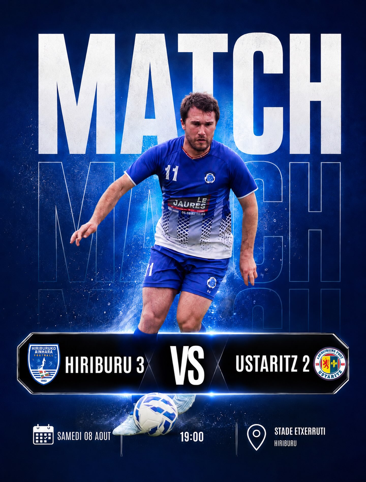 ⚽️ C’EST MATCH ! ⚽️

Premier match de préparation pour notre équipe C ! 💙🤍

Nos Bleus retrouvent les terrains avec l’envie de bien lancer leur préparation. Venez nombreux les encourager et partager ce premier rendez-vous de la saison !

📅 Samedi 08 août
🕗 19h00
📍 Stade Etxerruti – Hiriburu

 Hiriburu Ainhara Football C 🆚 @labourdinsfoot 

On compte sur votre présence pour pousser nos joueurs vers la victoire ! 💪🔥

💙 Aupa HAF ! 🤍

#HiriburuAinharaFootball #EquipeC #football