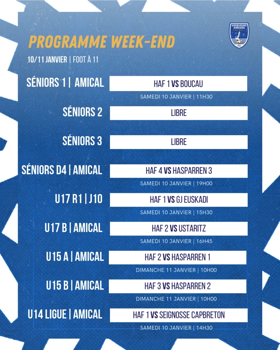 ⚽️ Premiers match de l'année pour nos 🔵⚪
Malgré les conditions météorologiques plusieurs de nos équipes sont sur les terrains ce week-end. Cinq de nos arbitres vont également braver les intempéries. 
Bon courage à toutes et tous
#AupaHiriburu