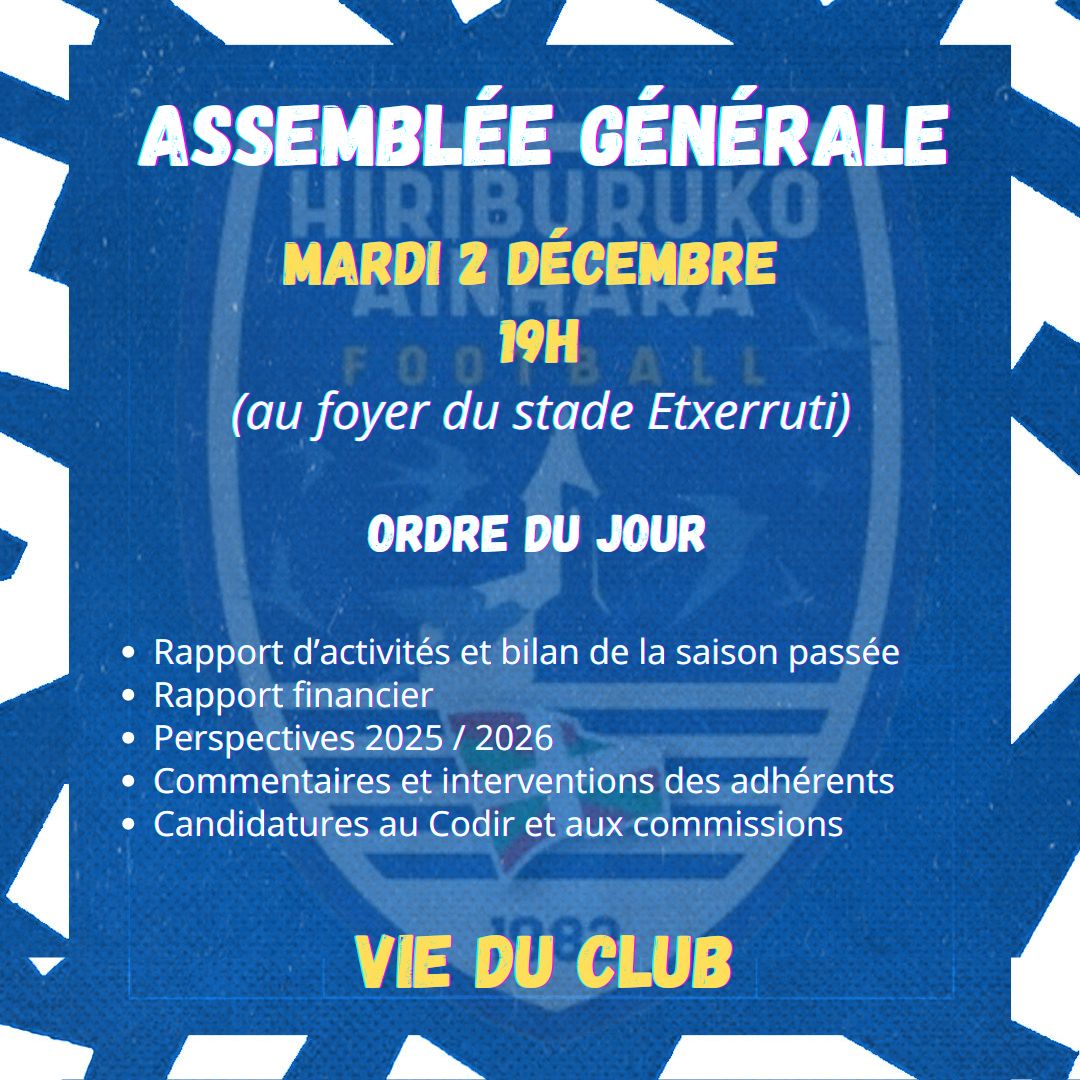 🚨 Assemblée générale du HAF 
📆 Mardi 2 décembre à 19h au foyer du Stade Etxerruti
L'occasion de faire connaissance, s'intéresser à la vie et l'évolution du club et pourquoi pas nous rejoindre pour continuer à faire grandir les 🔵⚪
On vous attend
#AupaHiriburu